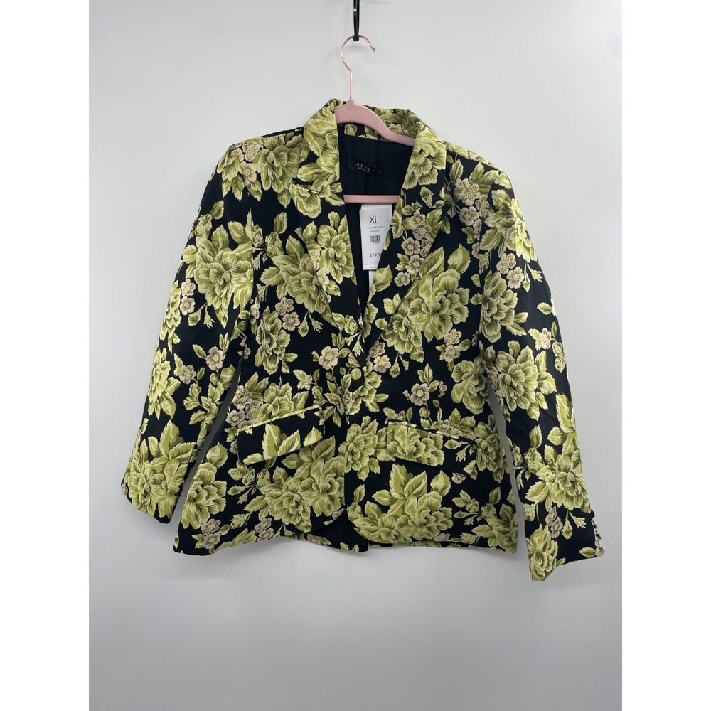 AKIRA Black Blazer with Chartreuse Floral Jacquard